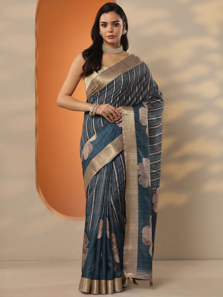 Blue Printed Silk Blend Saree With Unstitched Blouse Piece