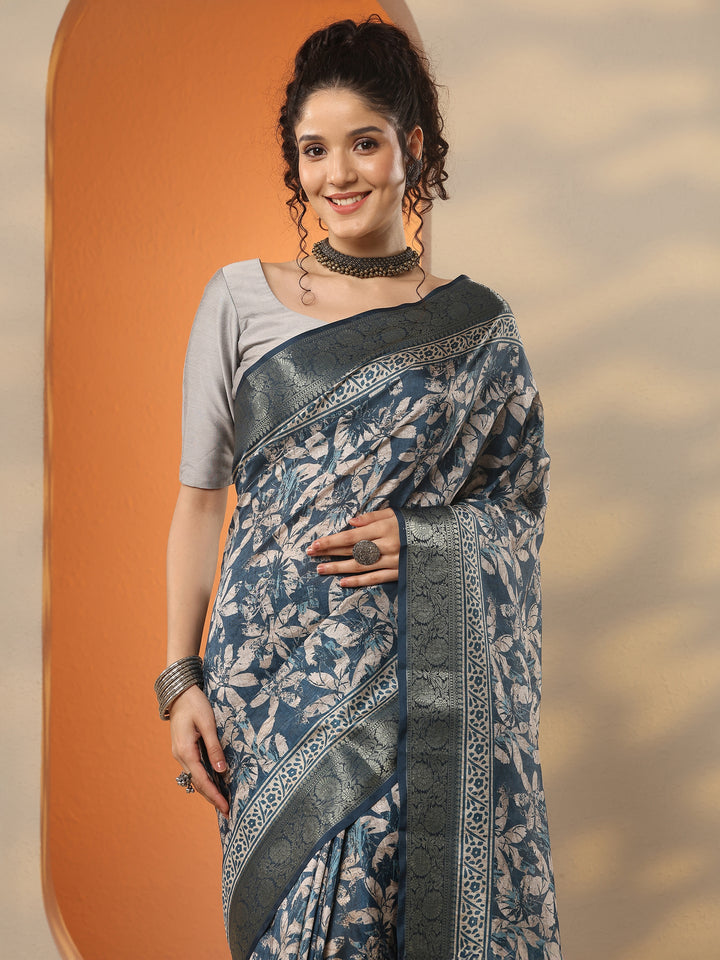 Blue Printed Silk Blend Saree With Unstitched Blouse Piece
