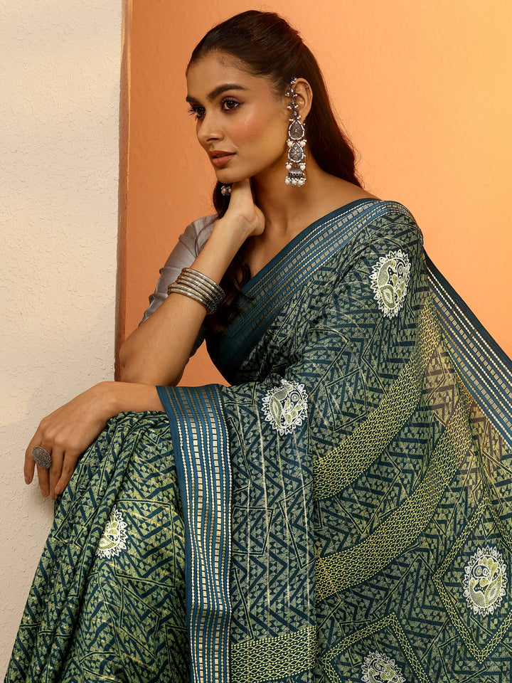Blue Printed Silk Blend Saree With Unstitched Blouse Piece