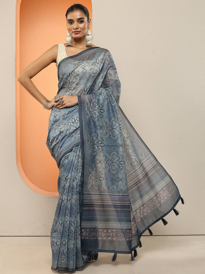 Blue Printed Silk Blend Sarees With Unstitched Blouse Piece