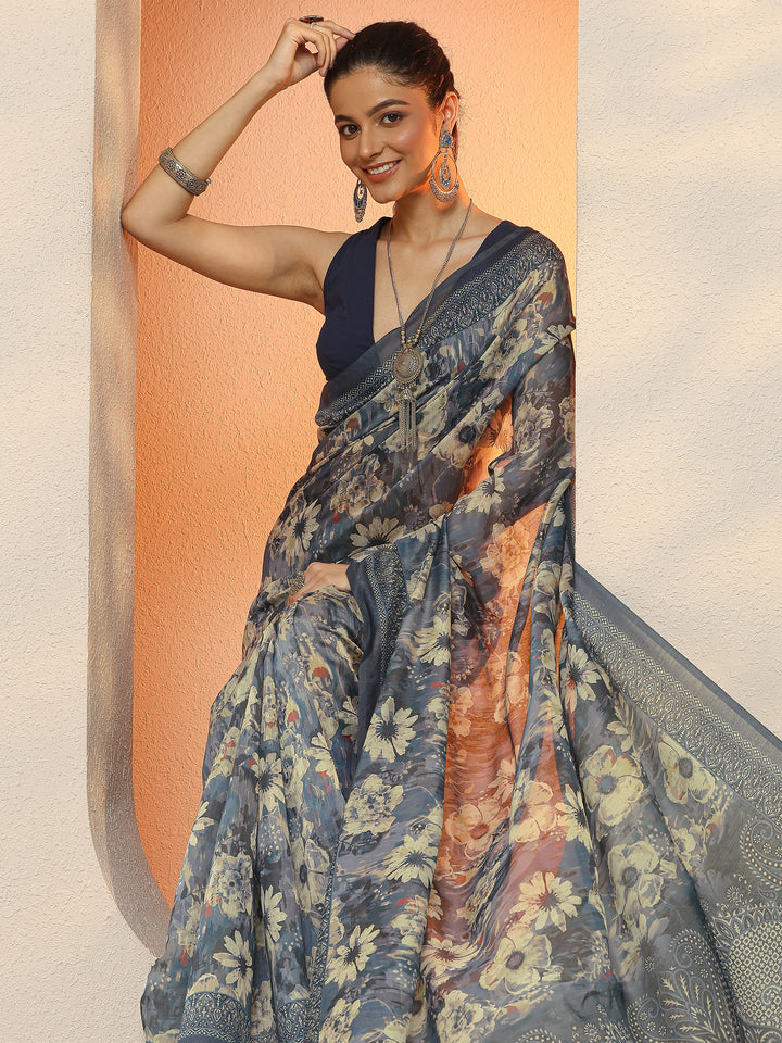 Blue Printed Silk Blend Sarees With Unstitched Blouse Piece