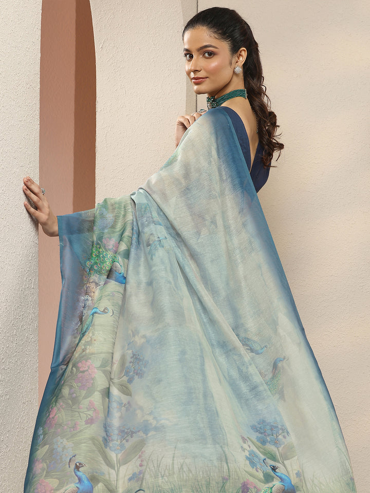 Blue Printed Silk Blend Sarees With Unstitched Blouse Piece