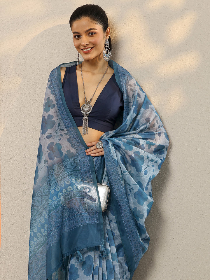 Blue Printed Silk Blend Sarees With Unstitched Blouse Piece