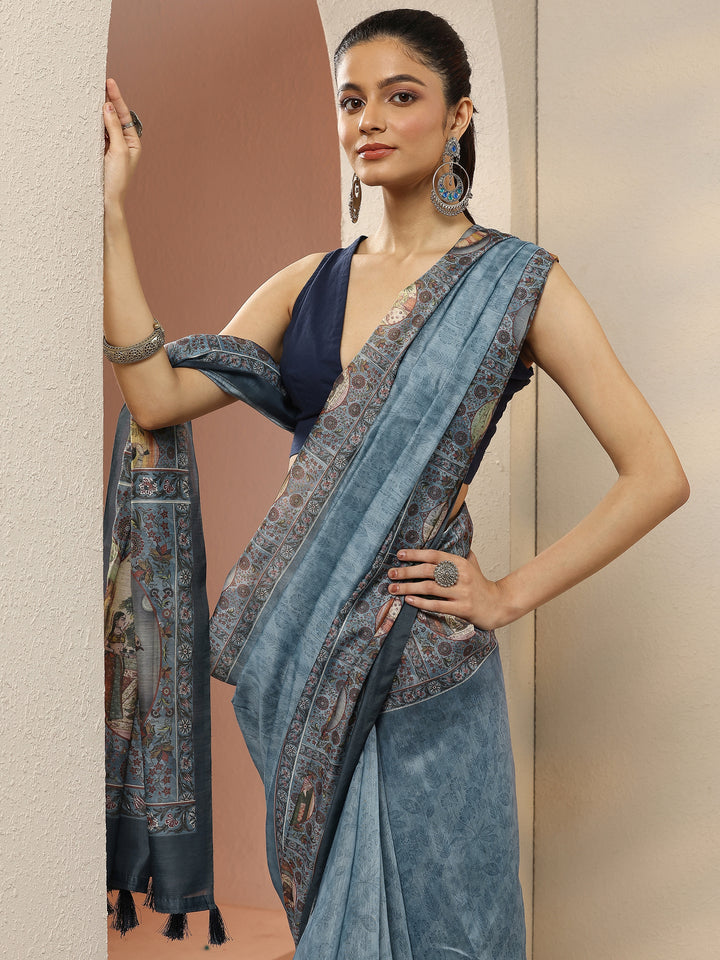 Blue Printed Silk Blend Sarees With Unstitched Blouse Piece