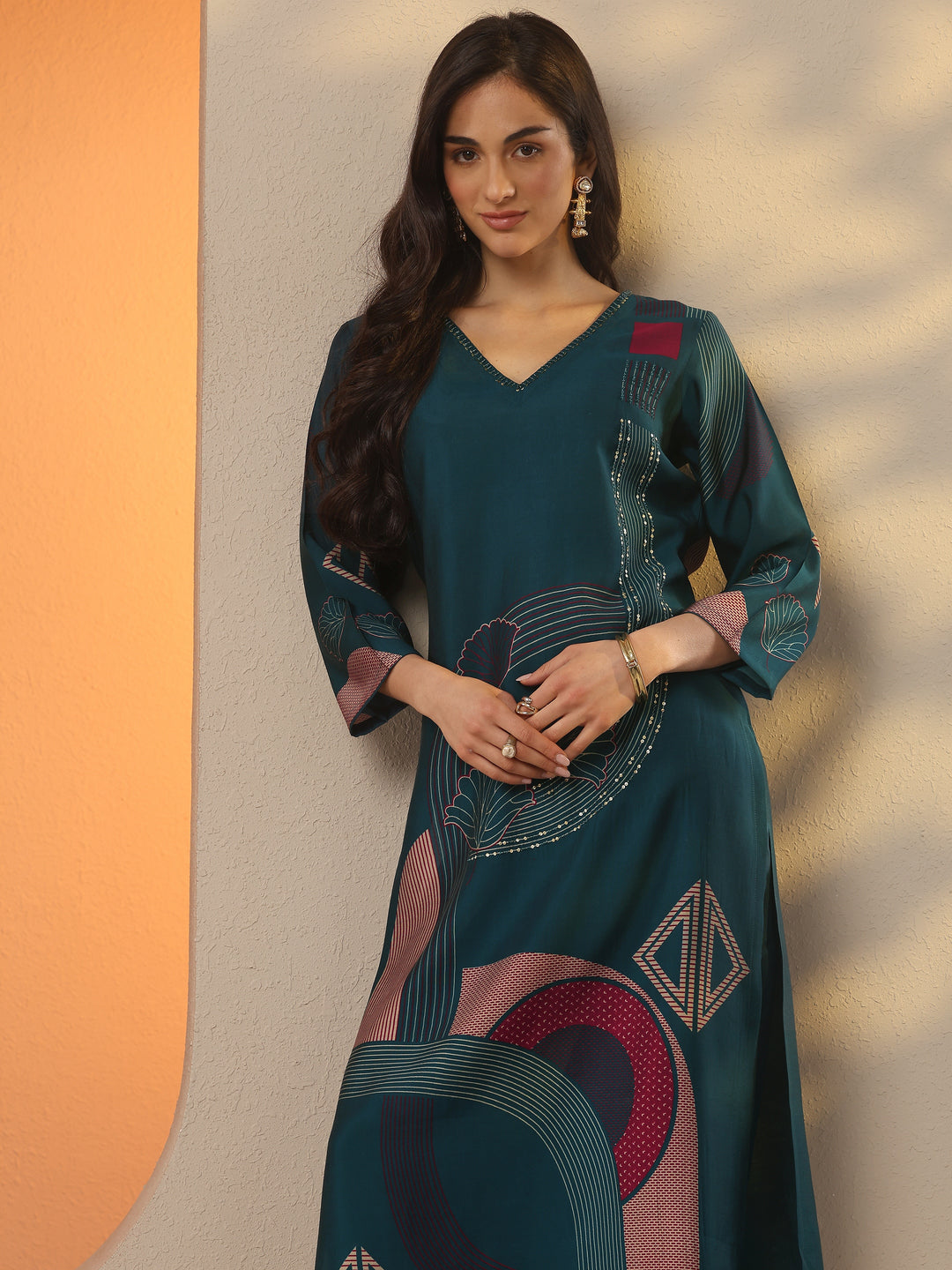 Blue Printed Silk Blend Straight Kurta