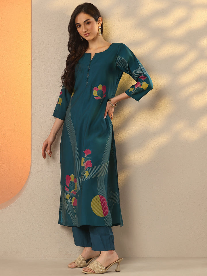 Blue Printed Silk Blend Straight Kurta
