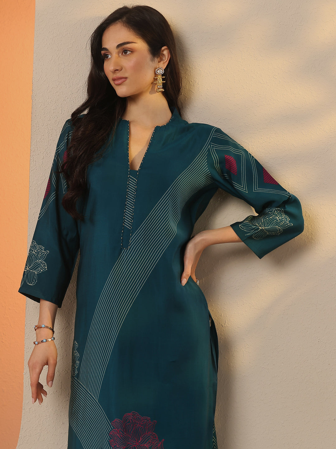 Blue Printed Silk Blend Straight Kurta