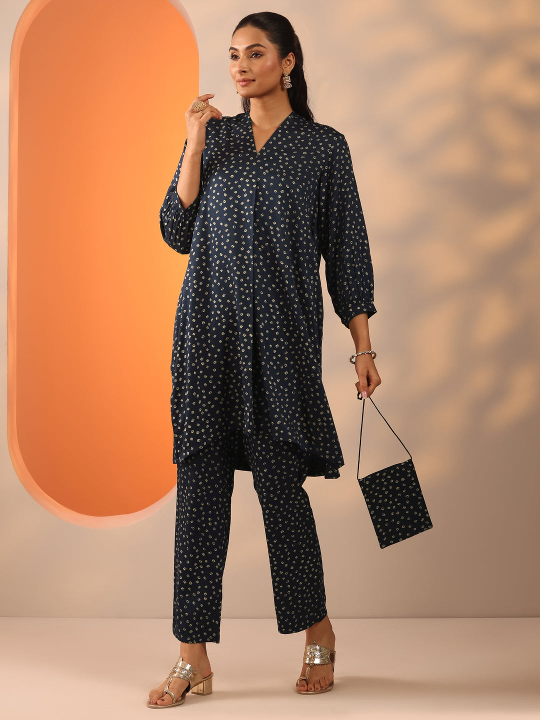 Blue Printed Silk Blend Straight Kurta Set