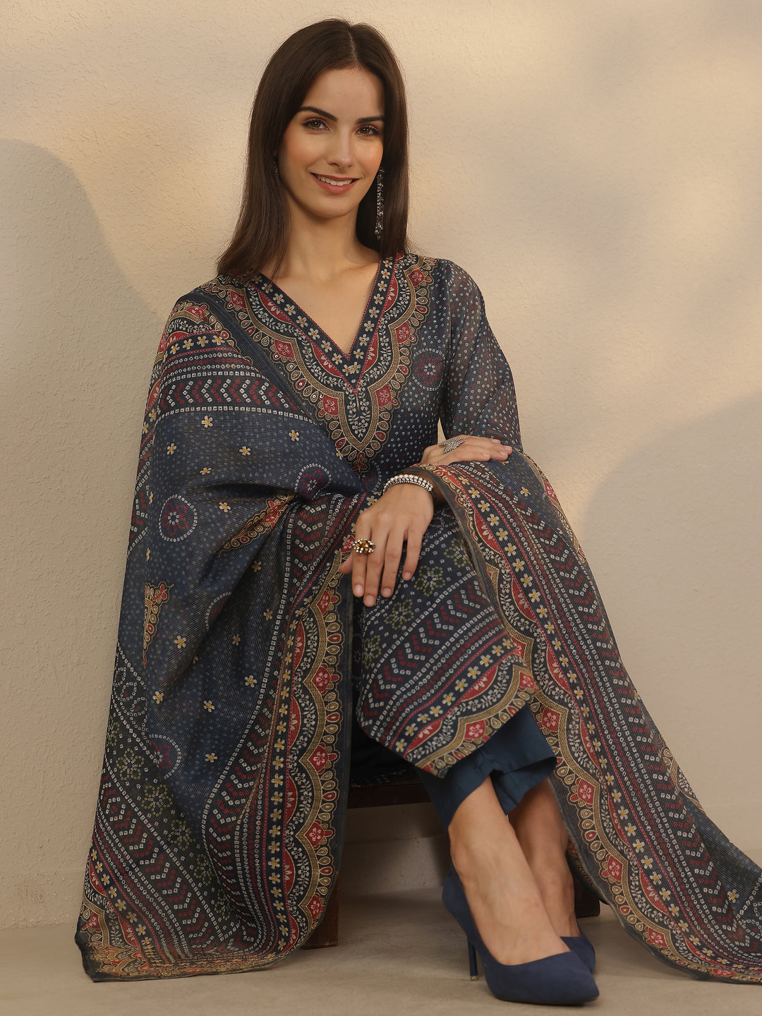 Blue Printed Silk Blend Straight Suit Set With Dupatta