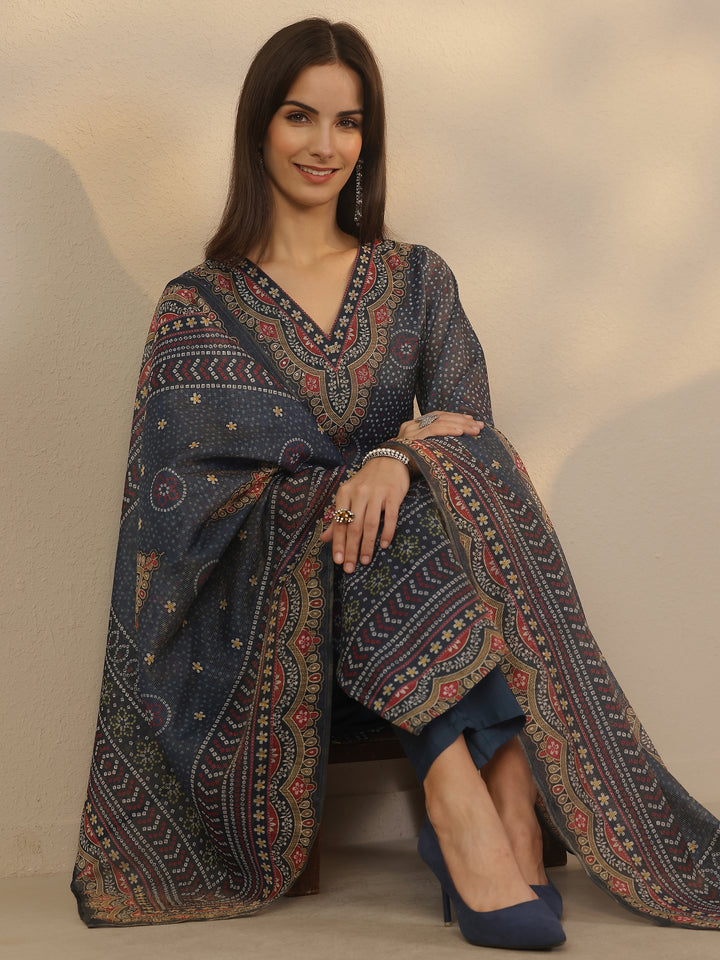 Blue Printed Silk Blend Straight Suit Set With Dupatta