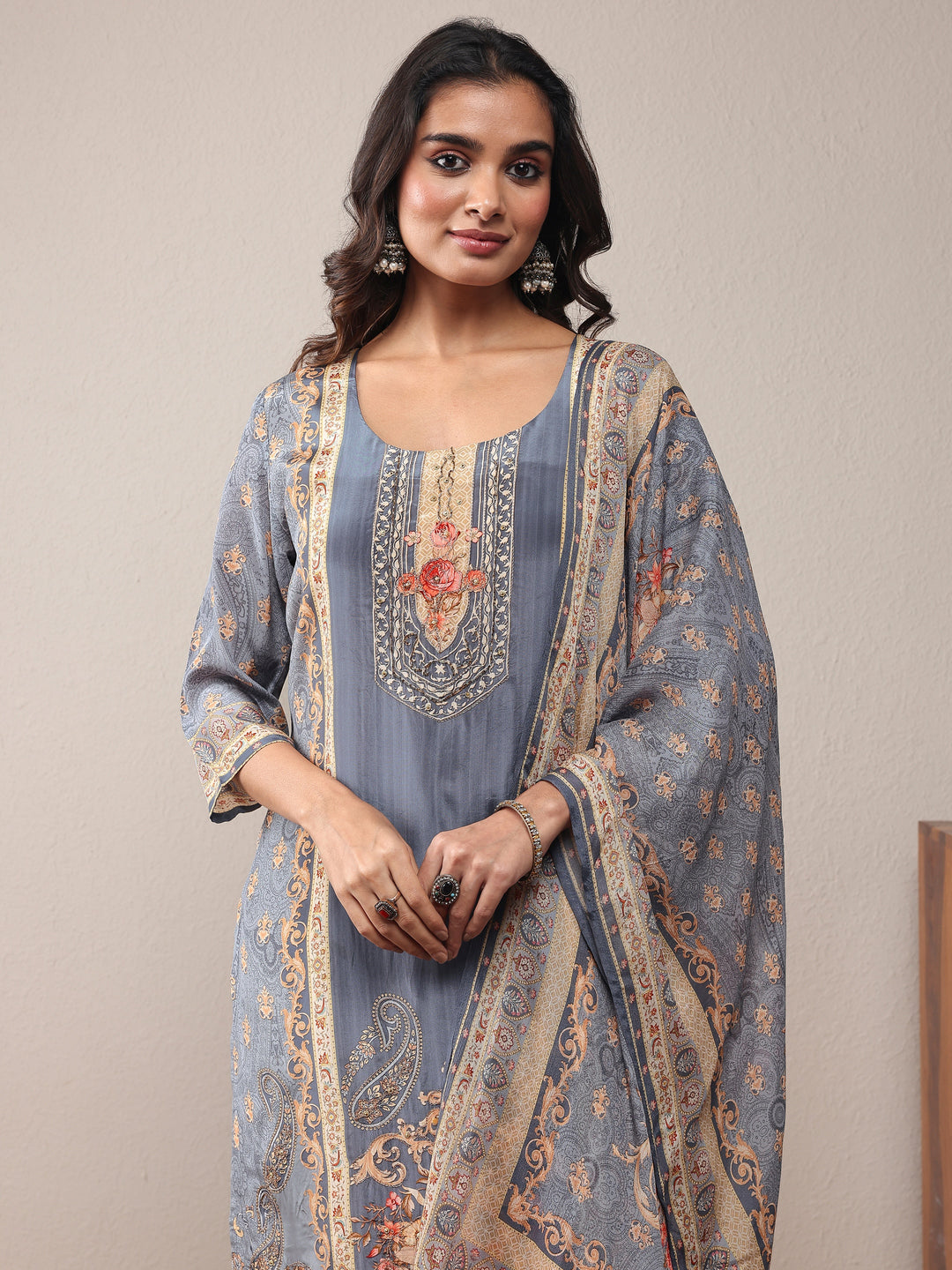 Blue Printed Silk Blend Straight Suit Set With Dupatta