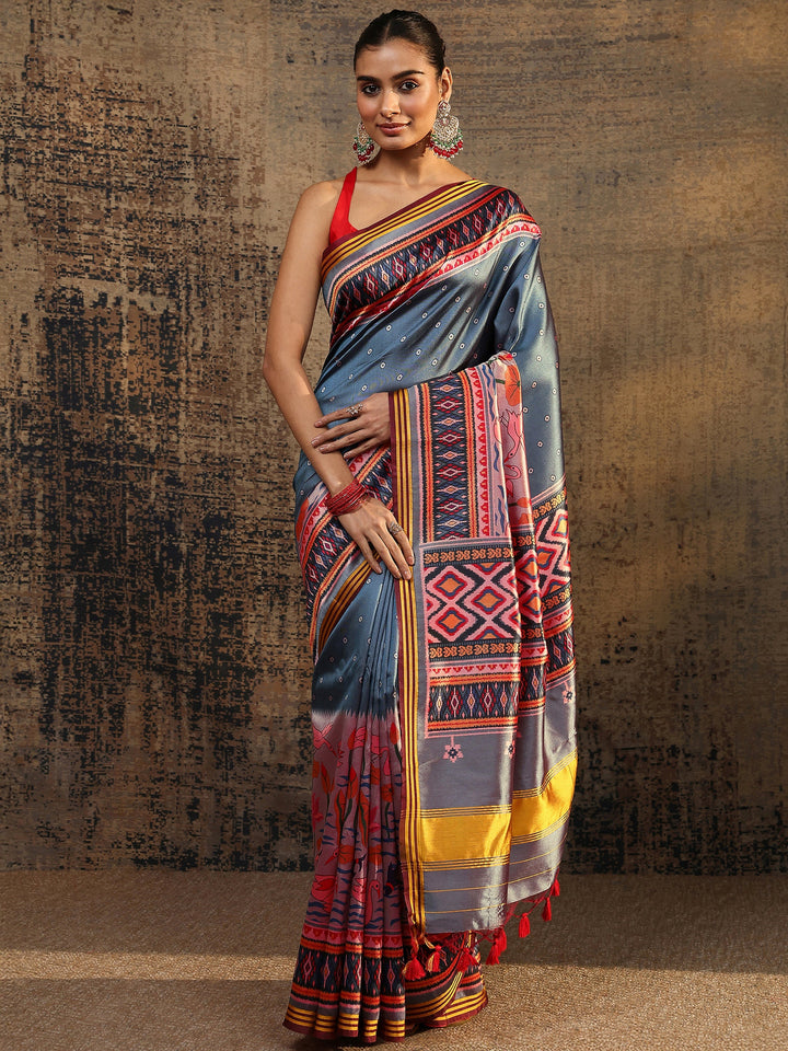 Blue Printed Silk Saree With Unstitched Blouse Piece