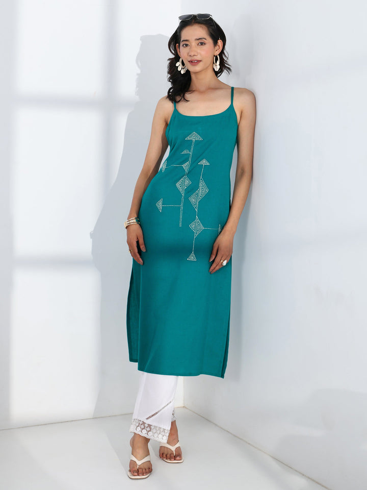 Blue Quirky Design Embroidered Cotton Straight Kurta