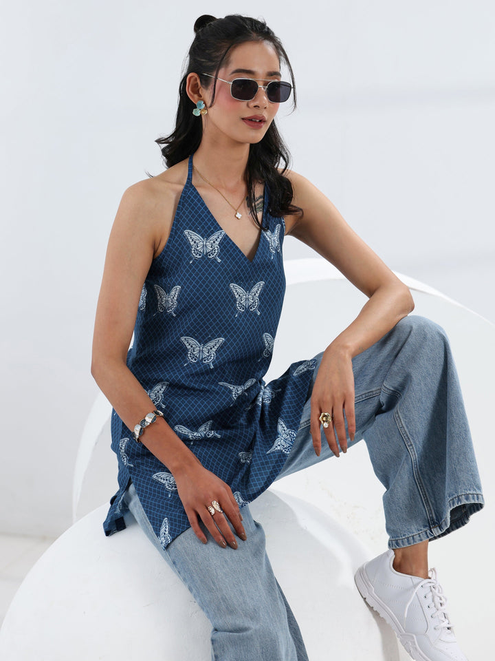 Blue Quirky Printed Cotton Straight Short Kurti