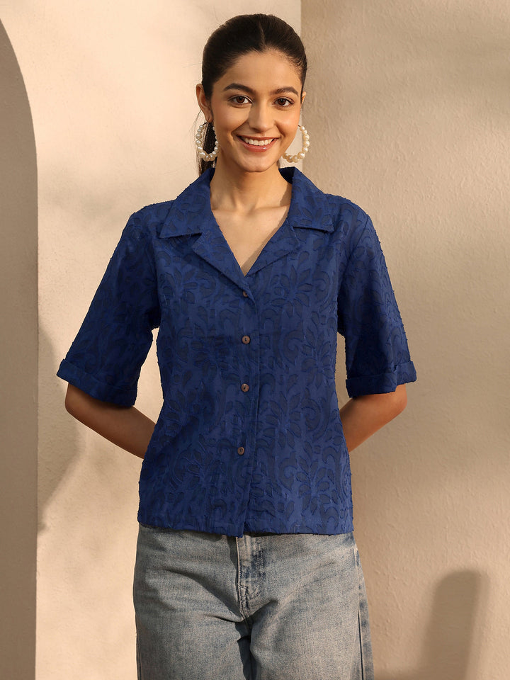 Blue Self Design Cotton Straight Shirt