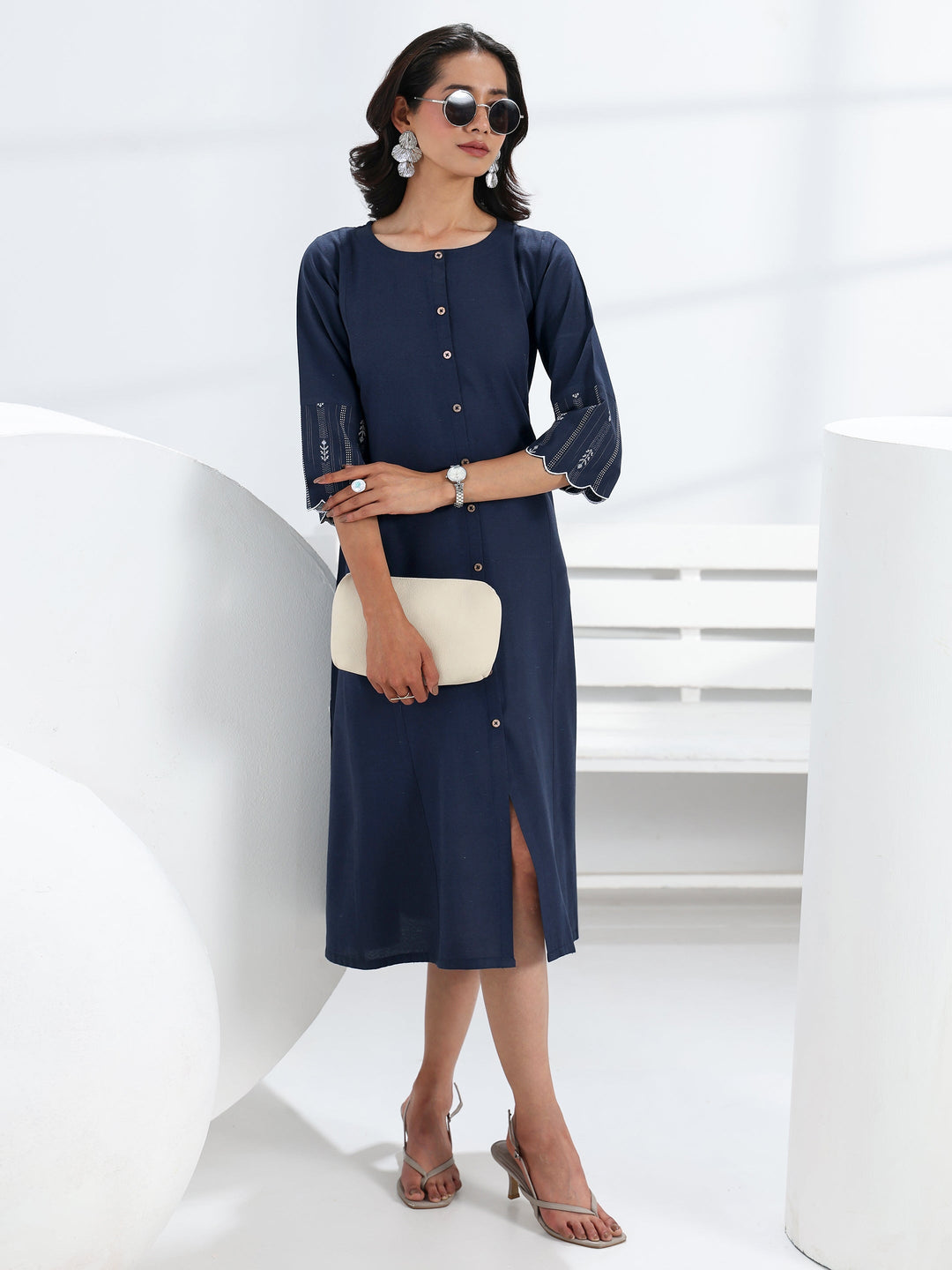 Blue Solid Cotton Blend A-Line One Piece Dress