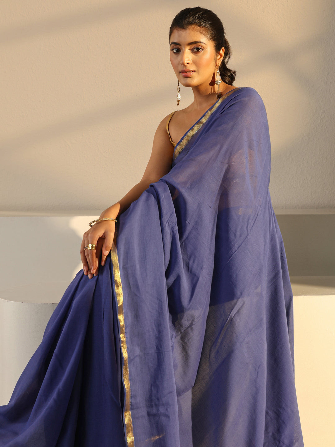 Blue Solid Cotton Tassel Saree With Unstitched Blouse Piece