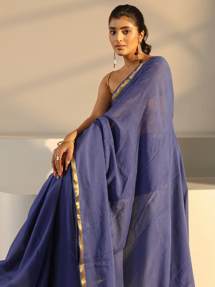 Blue Solid Cotton Tassel Saree With Unstitched Blouse Piece