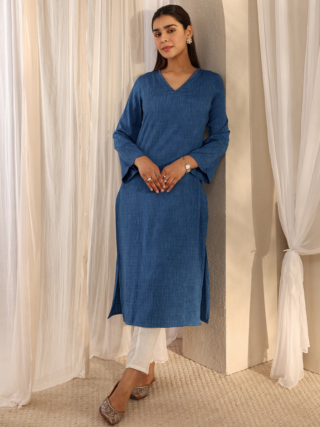 Blue Solid Rayon Straight Kurta