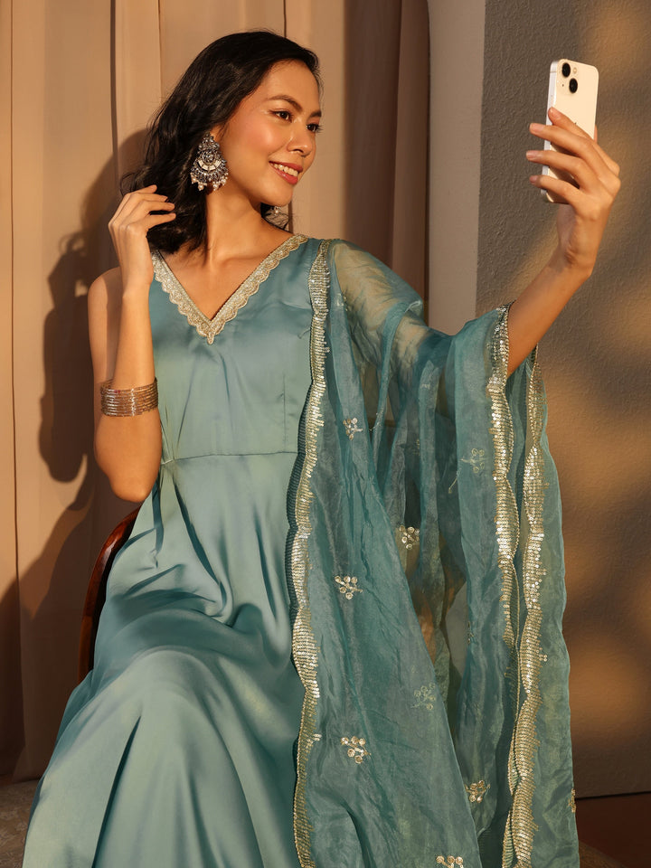 Blue Solid Satin A-Line Suit Set With Dupatta