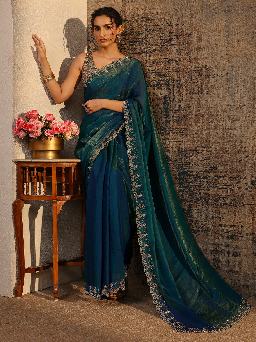 Blue Solid Satin Saree With Unstitched Blouse Piece