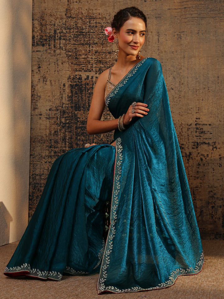 Blue Solid Satin Saree With Unstitched Blouse Piece