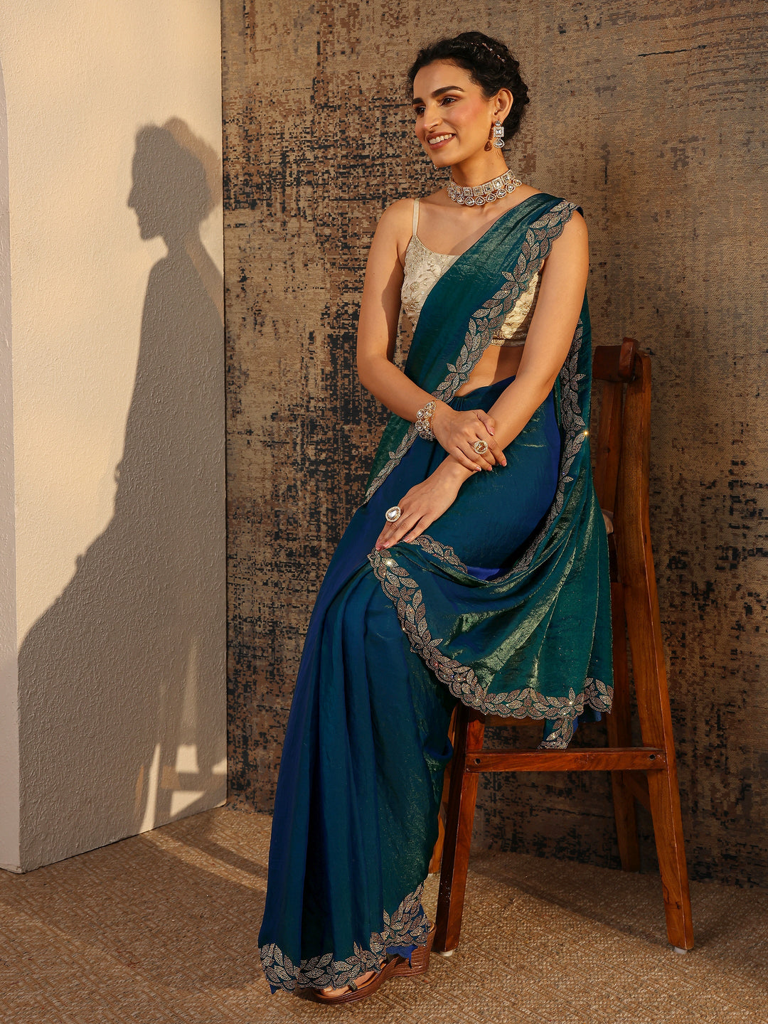 Blue Solid Satin Saree With Unstitched Blouse Piece