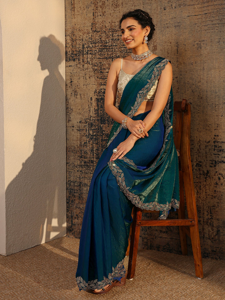 Blue Solid Satin Saree With Unstitched Blouse Piece