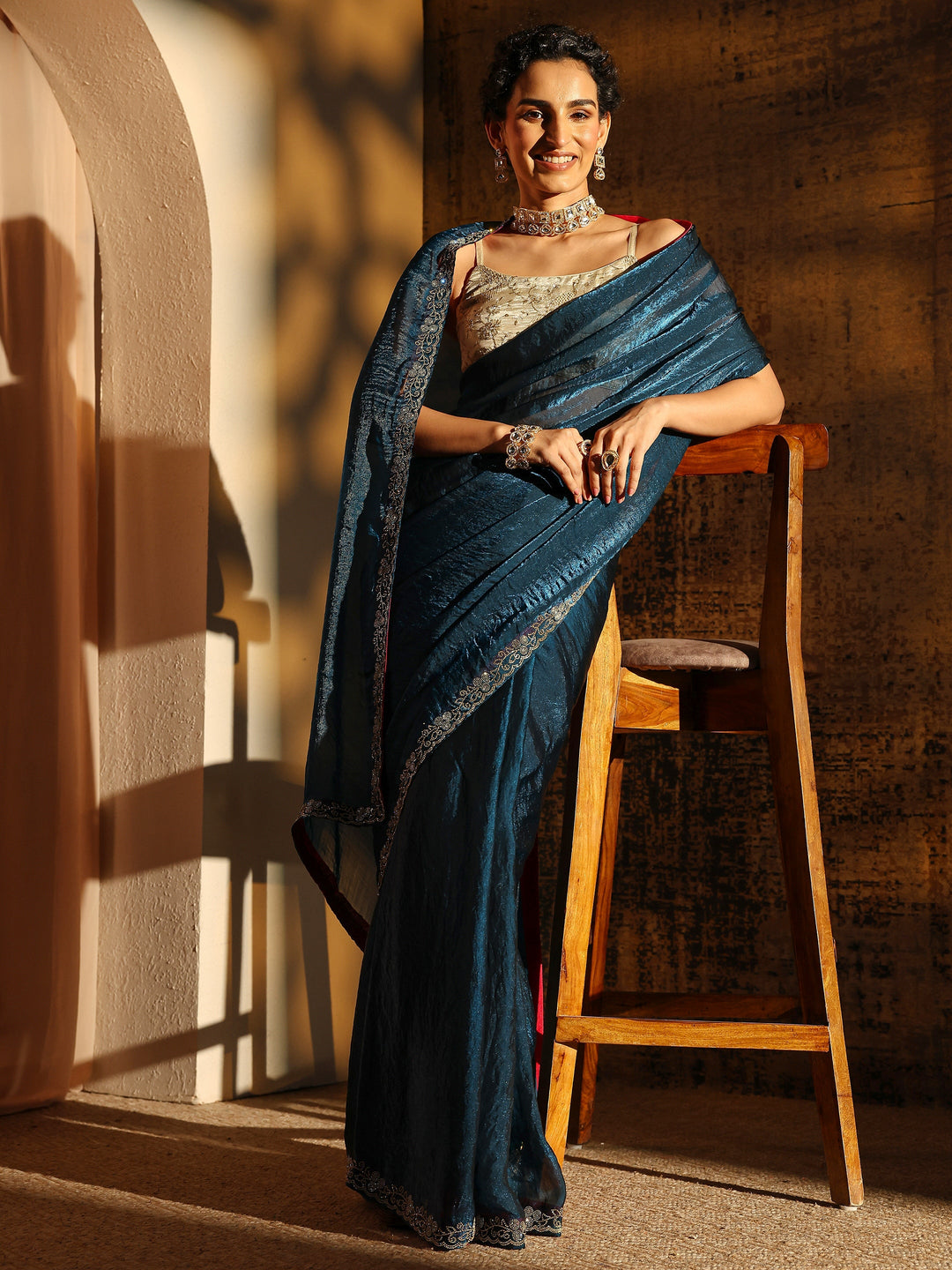 Blue Solid Satin Saree With Unstitched Blouse Piece