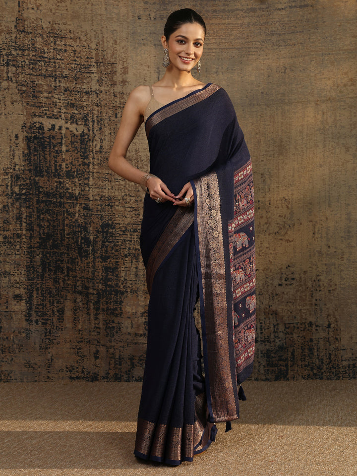 Blue Solid Silk Blend Saree With Unstitched Blouse Piece