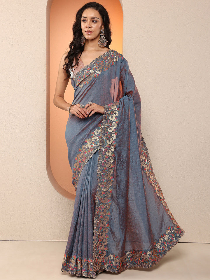 Blue Solid Silk Blend Saree With Unstitched Blouse Piece