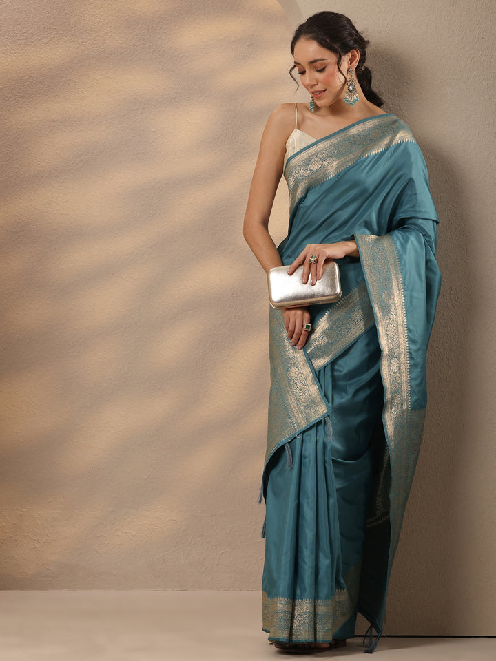 Blue Solid Silk Blend Saree With Unstitched Blouse Piece
