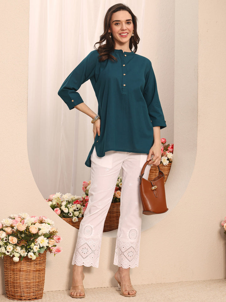 Blue Solid Solid Cotton Straight Short Kurti