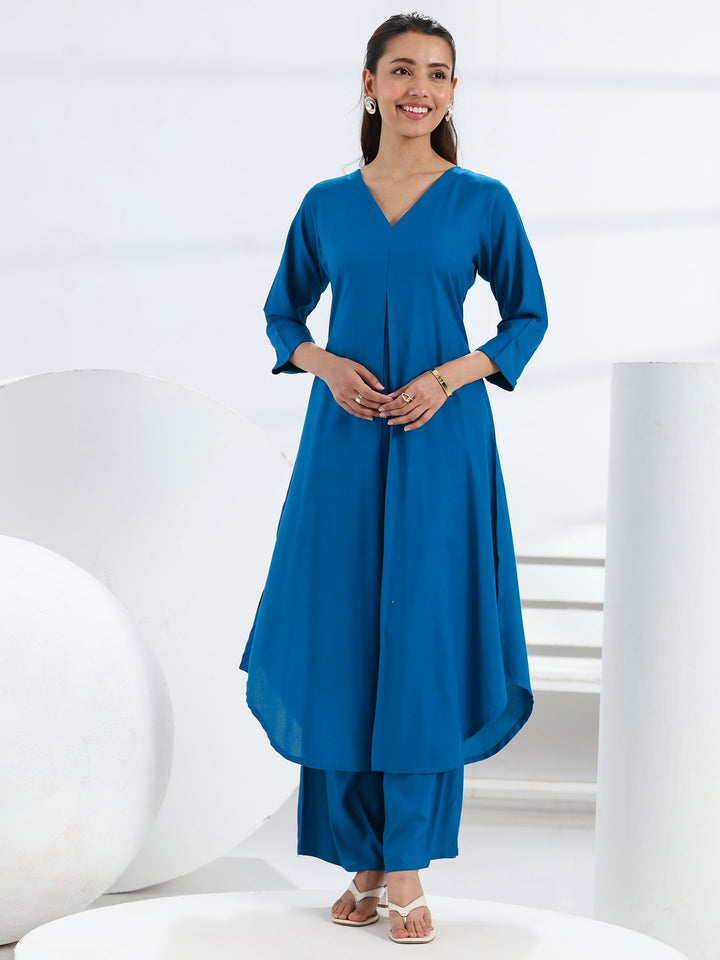Blue Solid Viscose Rayon A-Line Kurta Set