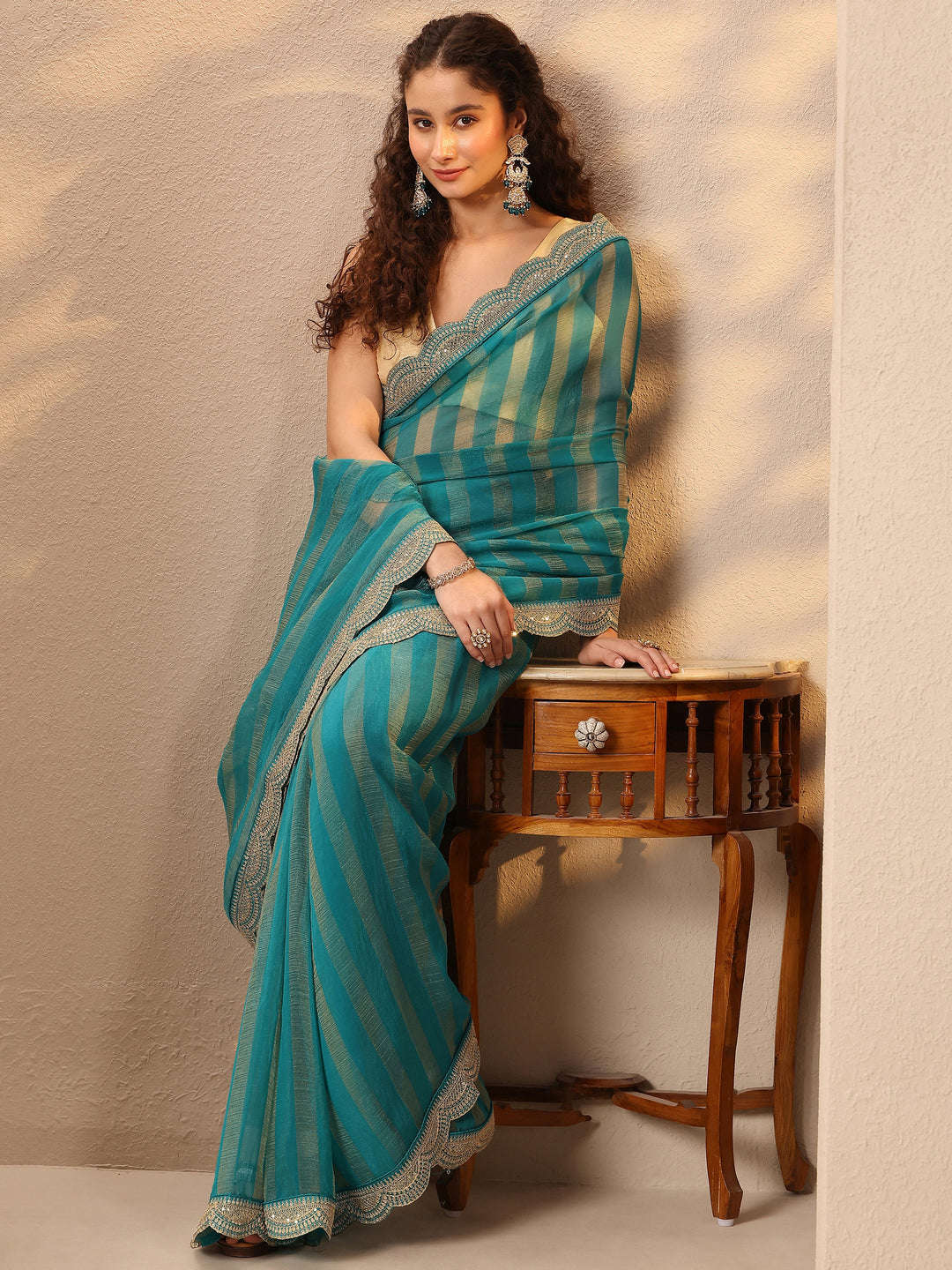 Blue Striped Embellished Silk Blend Saree With Unstitched Blouse Piece
