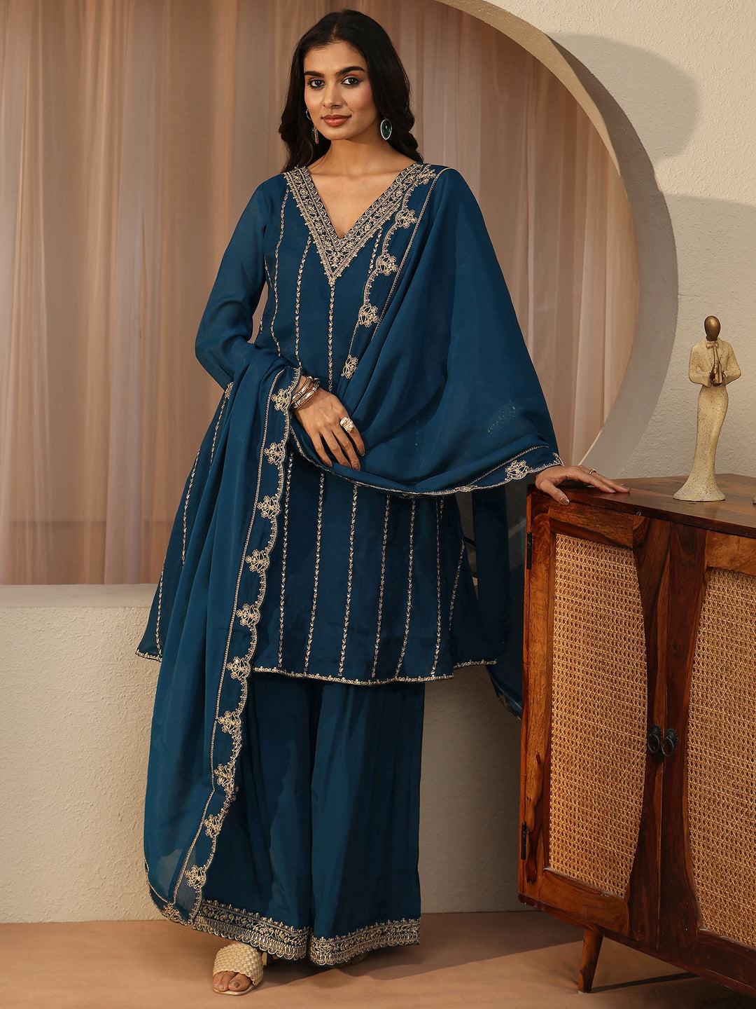 Blue Ethnic Embroidered Chanderi Cotton A-line Suit Set