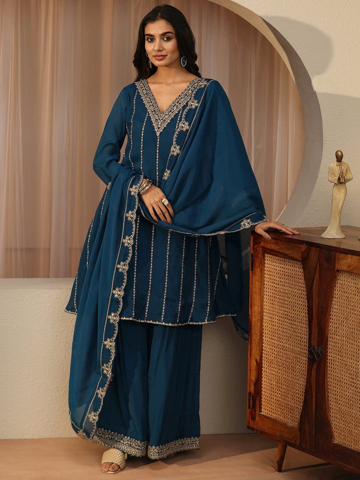Blue Ethnic Embroidered Chanderi Cotton A-line Suit Set