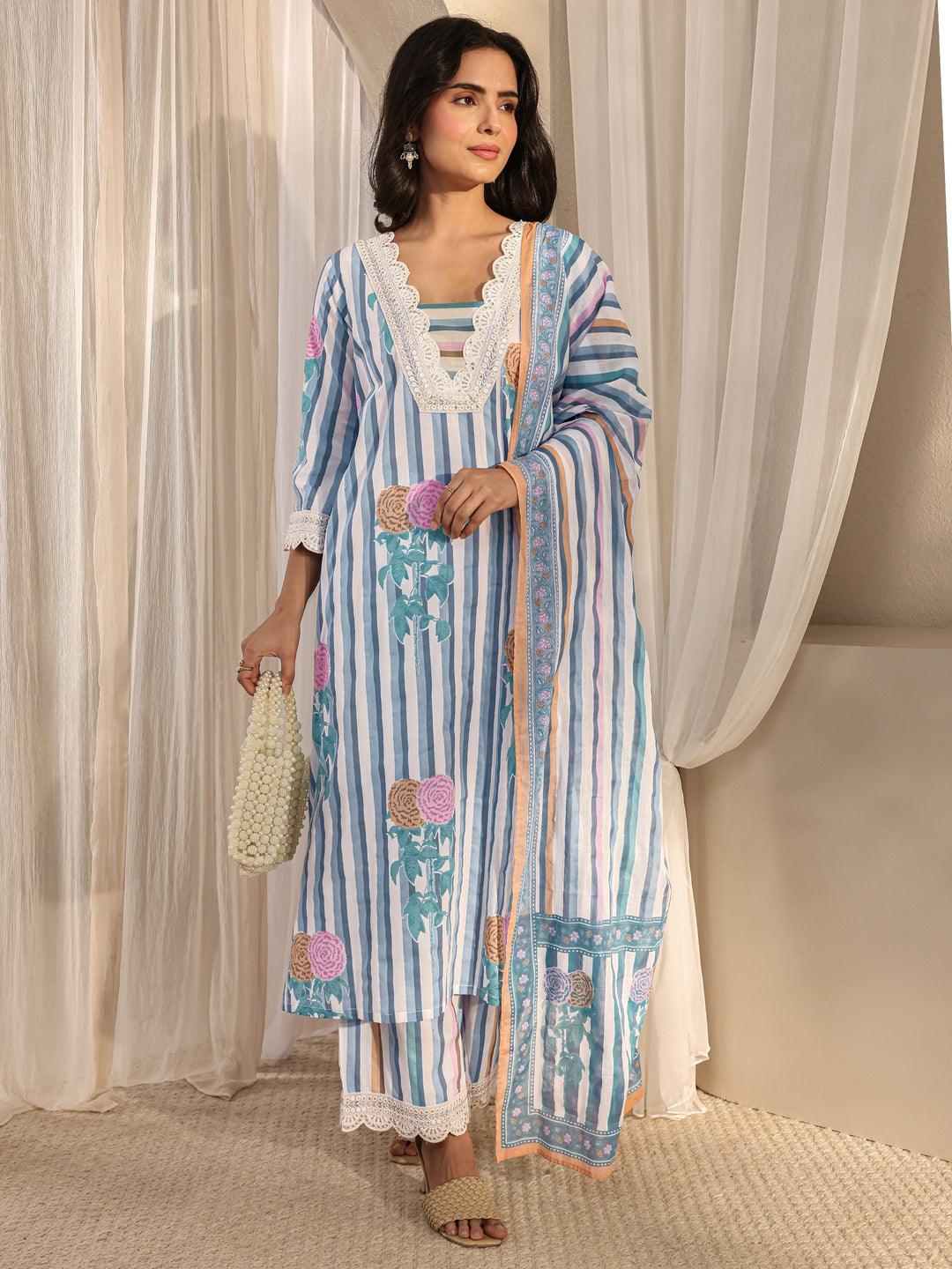 Blue Striped Printed Cotton A-Line Suit Set With Dupatta