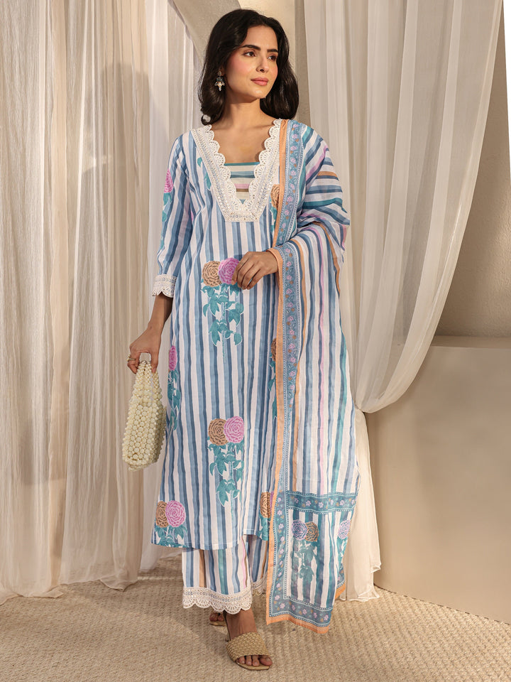 Blue Striped Printed Cotton A-Line Suit Set With Dupatta