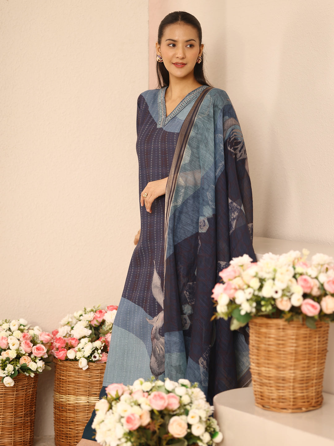 Blue Striped Printed Linen Straight Suit Set With Dupatta