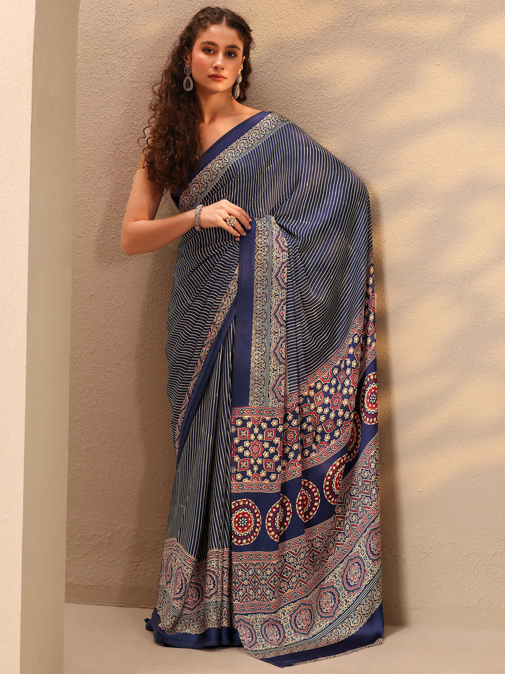 Blue Striped Printed Satin Saree With Unstitched Blouse Piece