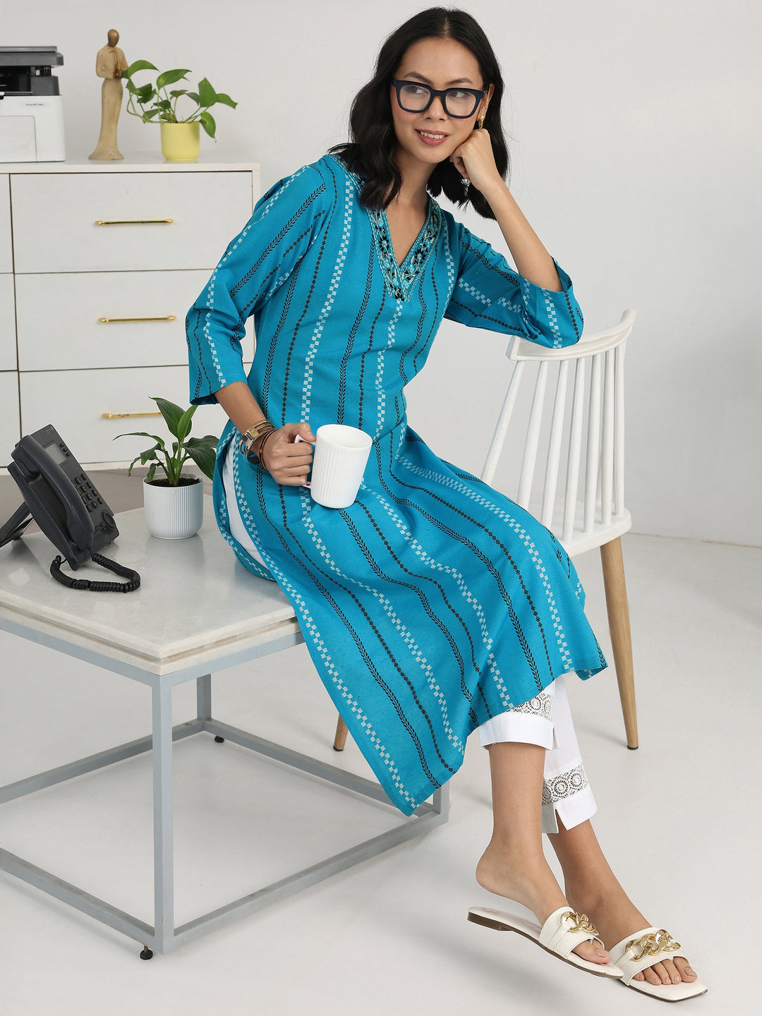 Blue Striped Woven Design Cotton Blend Straight Kurta