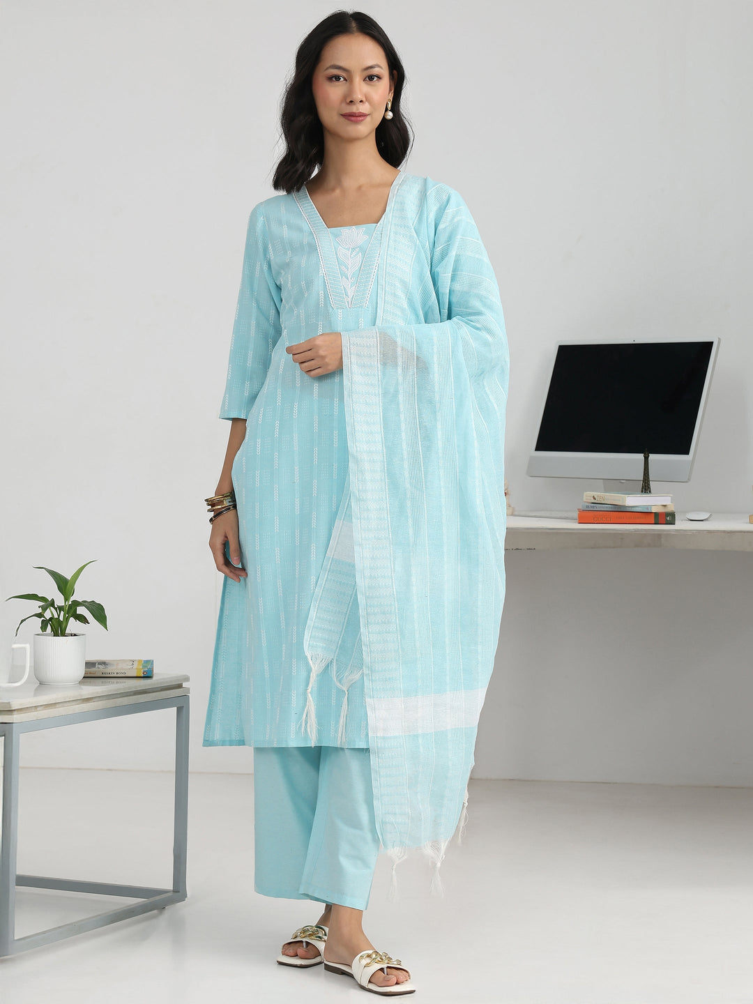 Blue Striped Woven Design Cotton Blend Straight Suit Set With Dupatta