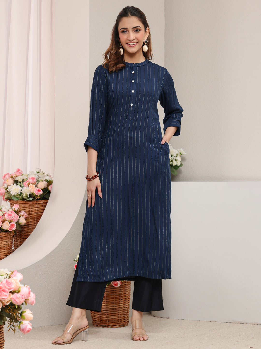 Blue Striped Woven Design Rayon Straight Kurta