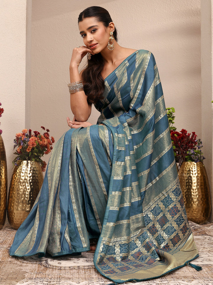 Blue Striped Woven Design Silk Blend Saree With Unstitched Blouse Piece