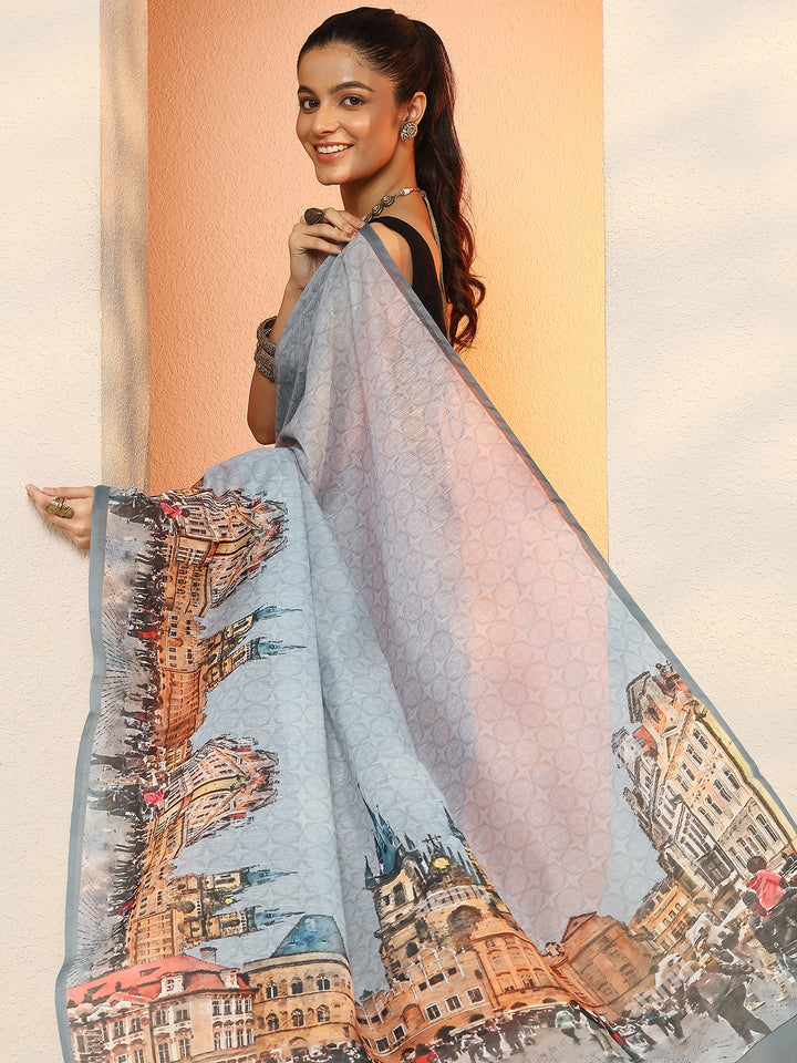 Blue Tribal Printed Sarees With Unstitched Blouse Piece