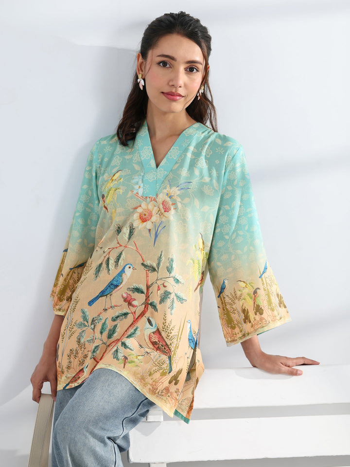 Blue Tropical Printed Cotton Blend Straight Short Kurti