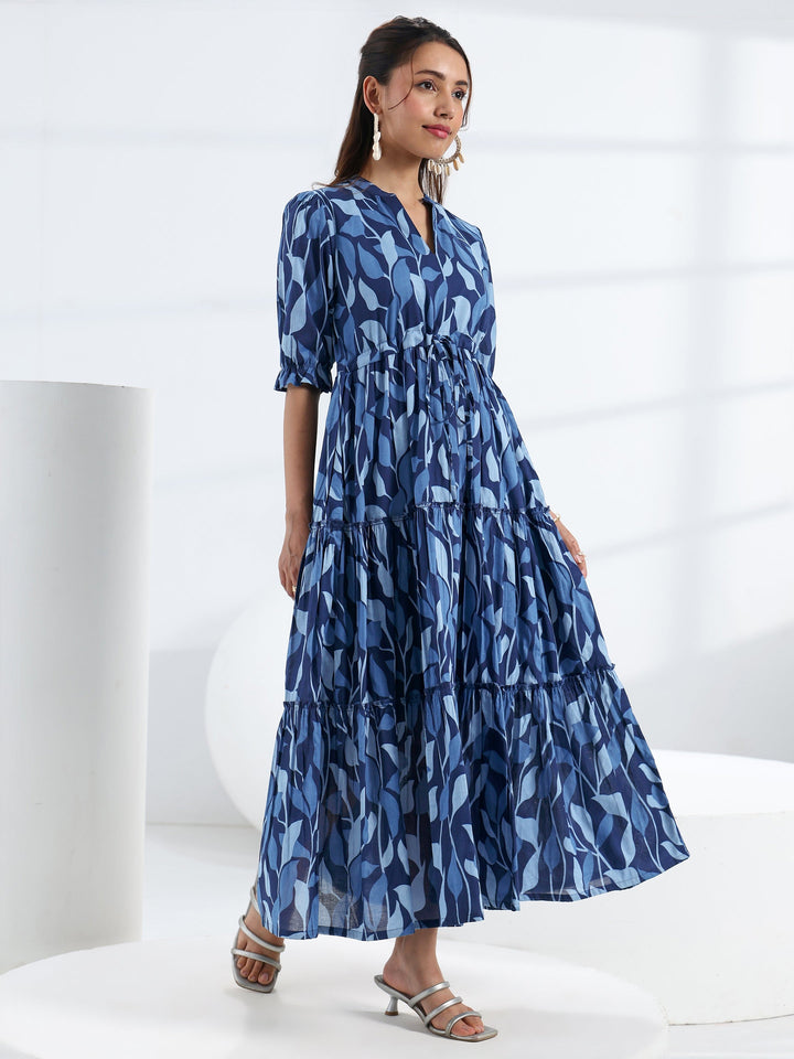 Blue Tropical Printed Cotton Tiered  One Piece Dress
