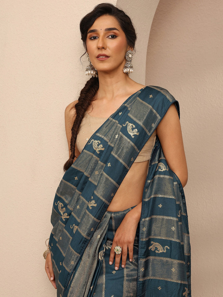 Blue Woven Design Banarsi Silk Blend Saree With Unstitched Blouse Piece