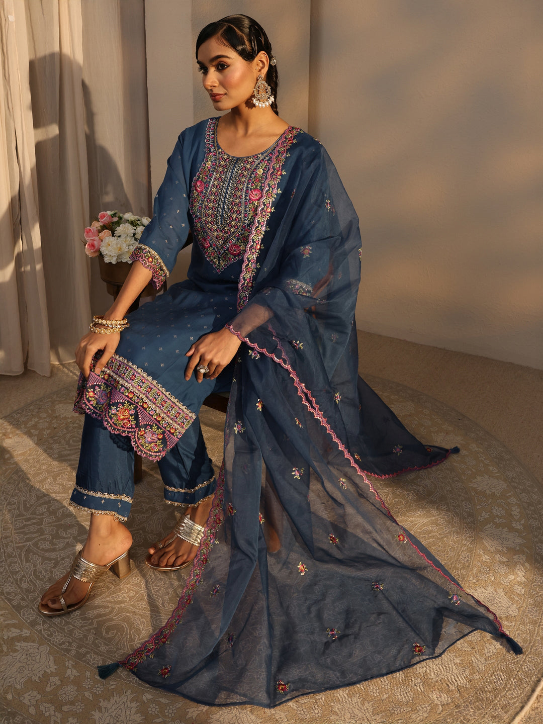 Blue Woven Design Chanderi Cotton Straight Suits Set With Dupatta